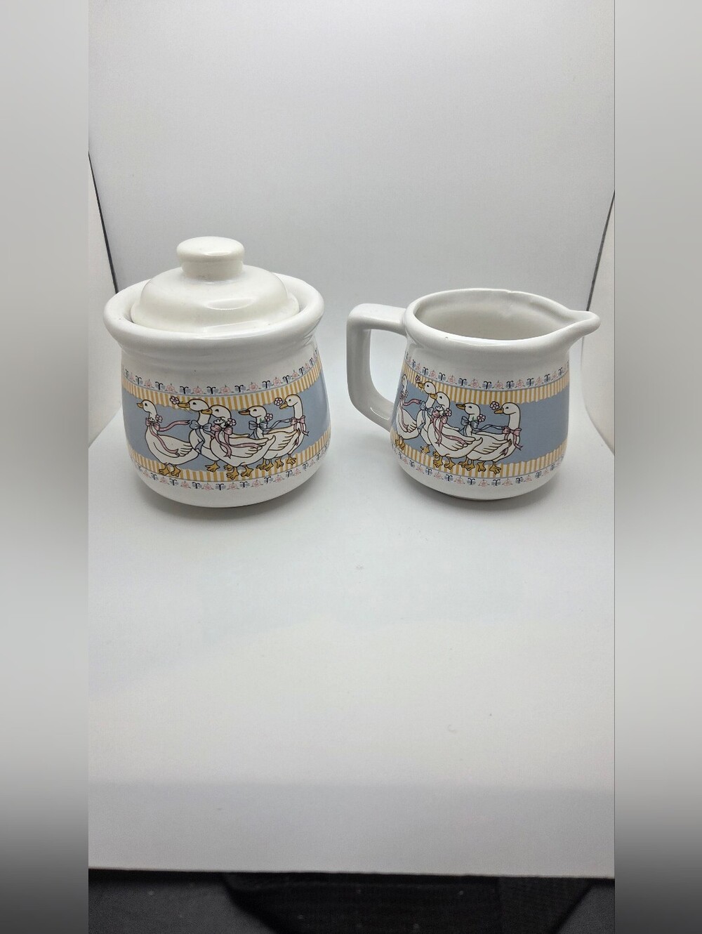 Vintage Ribbon Geese Sugar Bowl Creamer Set B&D Country Cottagecore Ceramic